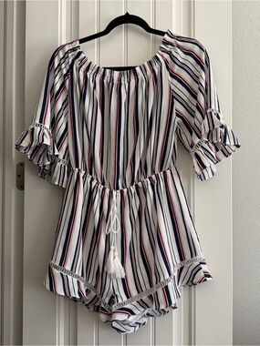 Fashion Nova Striped Off-Shoulder Romper